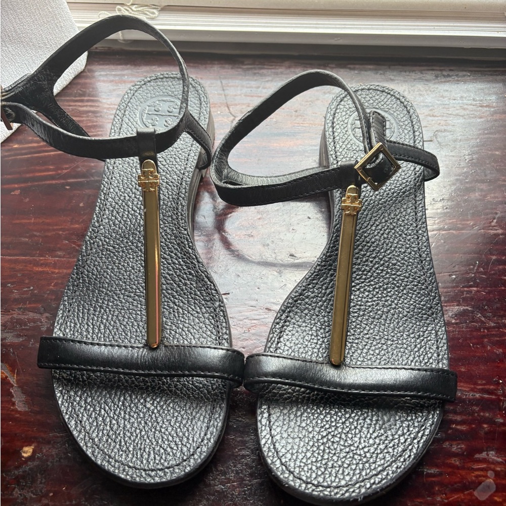 Tory Burch Black Sandals with Gold Detail